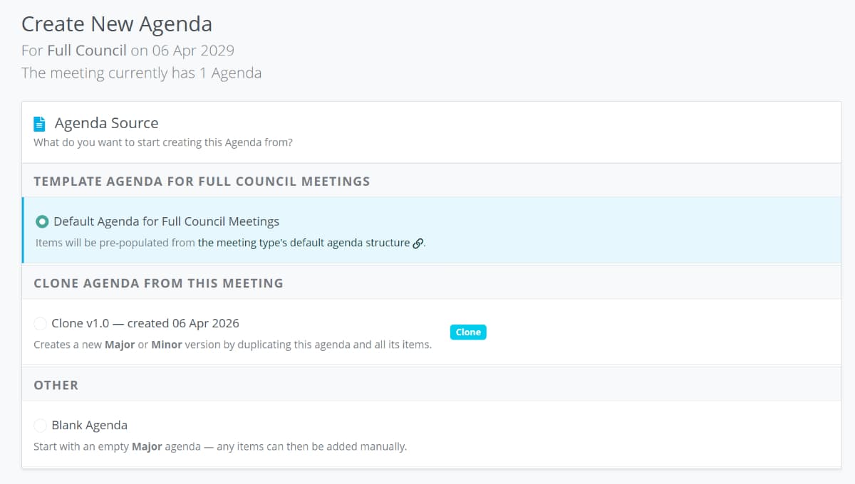 Creating a new Agenda dialogue