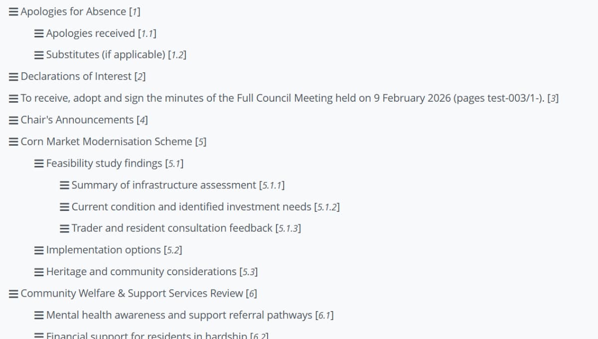 Example of professionally numbered agenda created by CouncilPapers